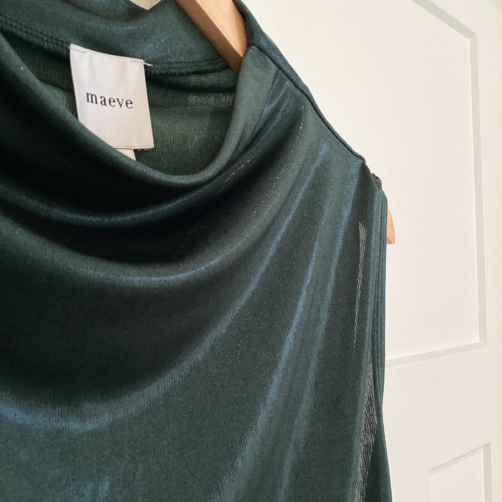 Anthropologie Mock-Neck Ruched Dressy Shine Sleeveless Blouse Maeve XL Green NWT - Picture 9 of 13